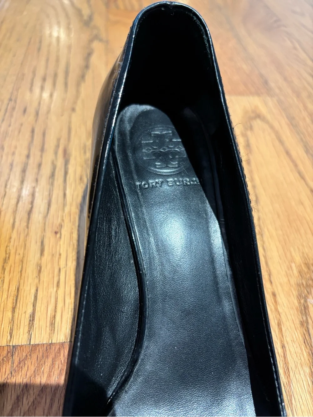 Tory Burch Black Patent Leather Low Block Heel Pumps with Gold buckle